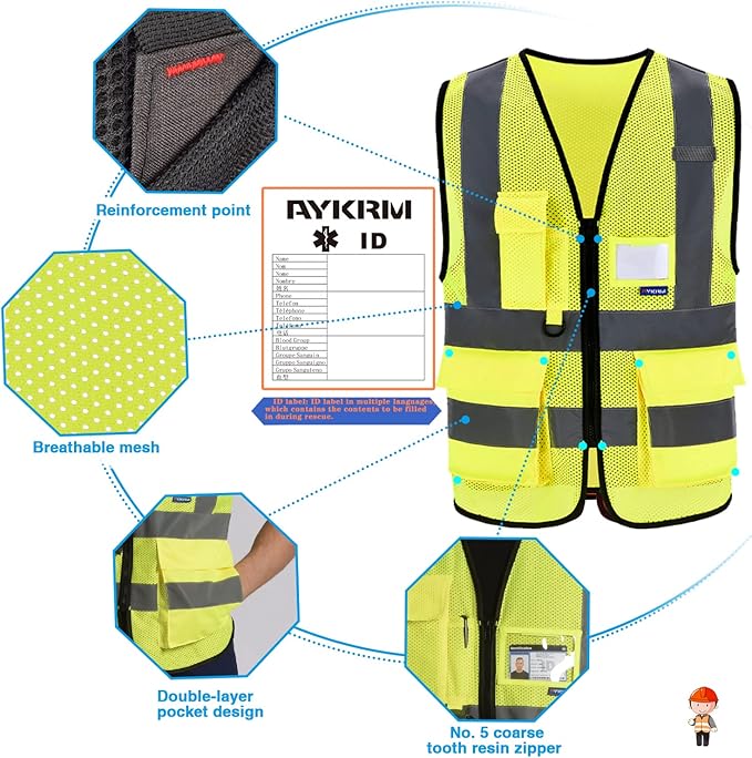 A-SAFETY Reflective Mesh Safety Vest, Reinforced Points, Zipper, Yellow, S | Yellow S breathable mesh vest with 7 pockets, clear ID pocket and radio mic loop for surveying and warehouse operations.