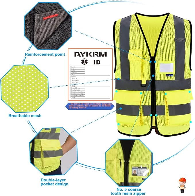 A-SAFETY ANSI/ISEA Standard Class 2 Hi-Vis Vest, Unisex, Zipper, Yellow, L | Yellow L Class 2 mesh safety vest with reflective strips and 7 pockets for construction and road work; 21 color options.