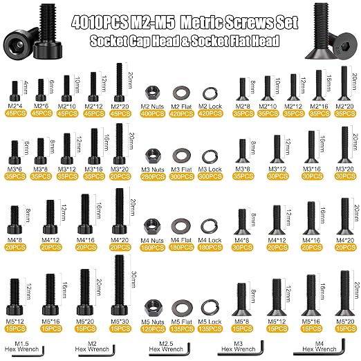 ZTF 4005pcs Metric Screw Assortment M2 M3 M4 M5 Hex Cap Head & Flat Head Screws, Metric Nuts and Bolts Assortment Kit with Washers & Wrench – Assorted Screws for DIY, Electronics, 3D Printers