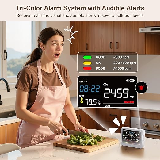 Professional 16 in 1 Air Quality Monitor Indoor 10h Battery & Real-Time Display 9 AQI+7 Alerts, Portable CO2 Monitor Air Quality Tester for CO2, TVOC, PM2.5 PM1.0 PM10, HCHO Temp/Humidity AQI & Time