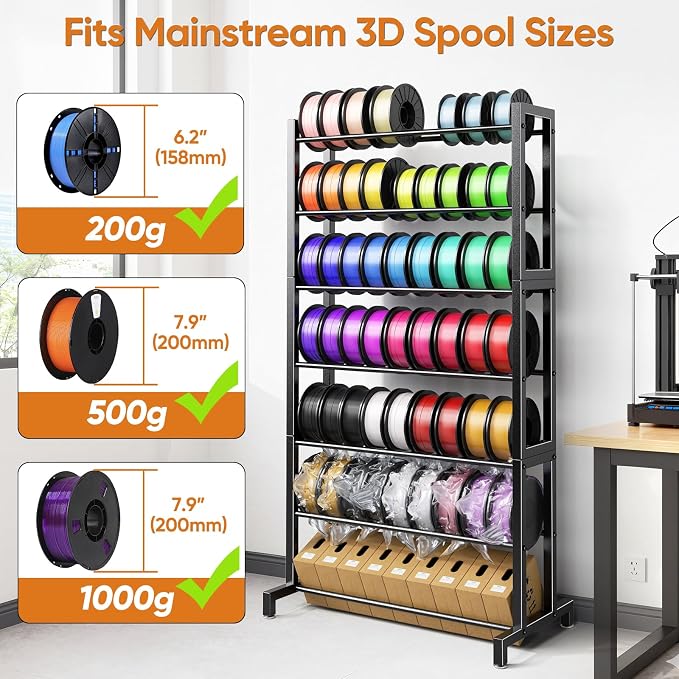 POKIPO 3D Printer Filament Storage Rack 7-Tier, Heavy Duty Large Capacity Filament Organizer Holds up to 63 Spools, Multi-Layer 3D Printing Rolls Shelf for Home, Office Workshop, School (Shelf Only)