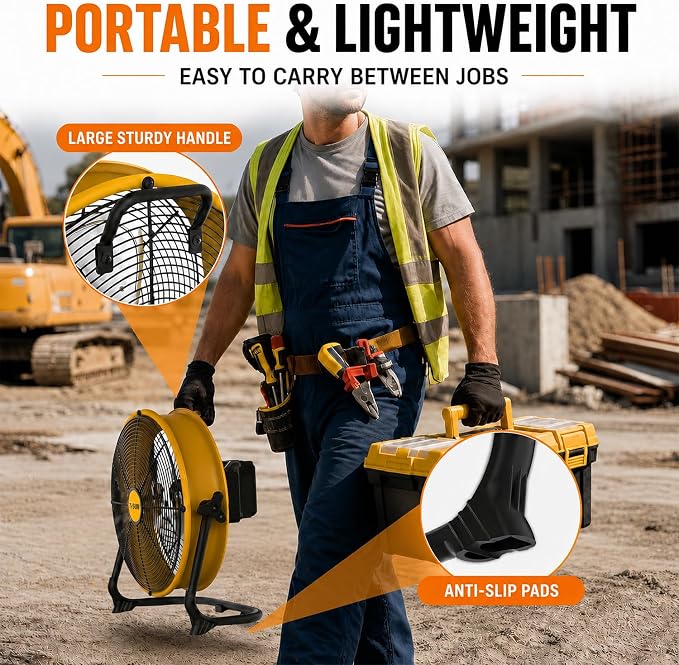 T-SUN 12-Inch Portable Fan Compatible with DeWalt 20V MAX Battery, Battery Powered Fan with AC Adapter & USB-C Output, High Velocity Cordless Floor Fan for Jobsite, Garage, Camping