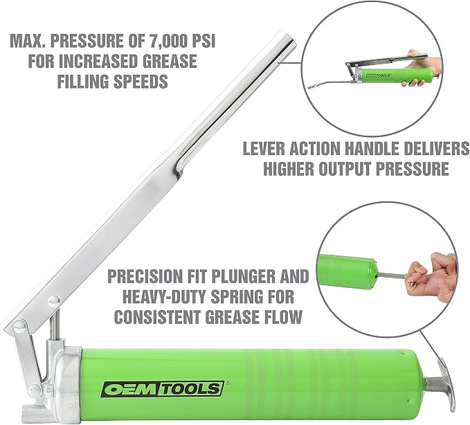 OEMTOOLS 87201 Lever Action Grease Gun, Manual Grease Gun, Auto Grease Gun, High Pressure Grease Gun, Grease Gun Coupler, 6 Inch Grease Gun Syringe