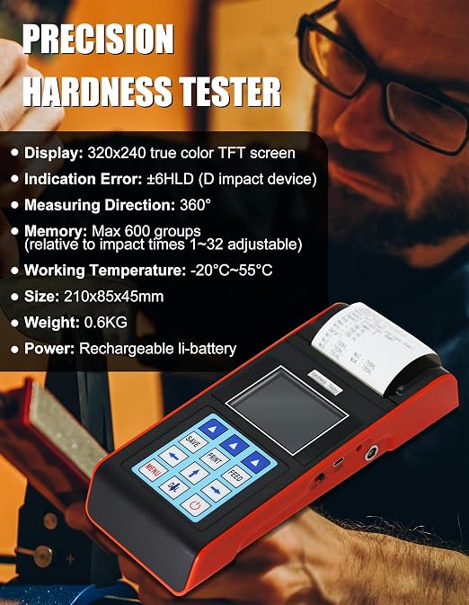 Digital Hardness Tester Metal Hardness Meter Built-in Printer 7-in-1 Hardness Tester with HL, HB, HRB, HRC, HRA, HV, HS Systems Portable Hardness Tester for Aluminum Alloy, Brass (Model AMT212)