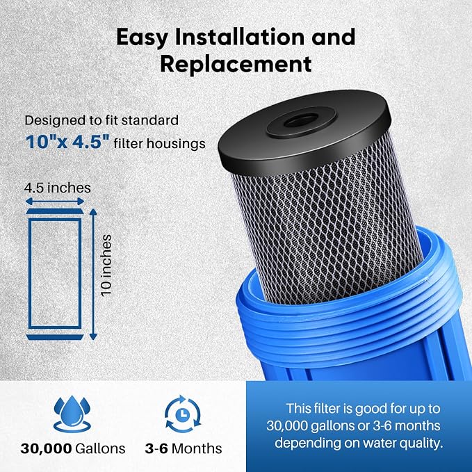 PUREPLUS 5 Micron 4.5"x10" Whole House Water Filter Combo, with String Wound Sediment & Iron Reducing Filter and Activated Carbon Block Filter, 1PACK