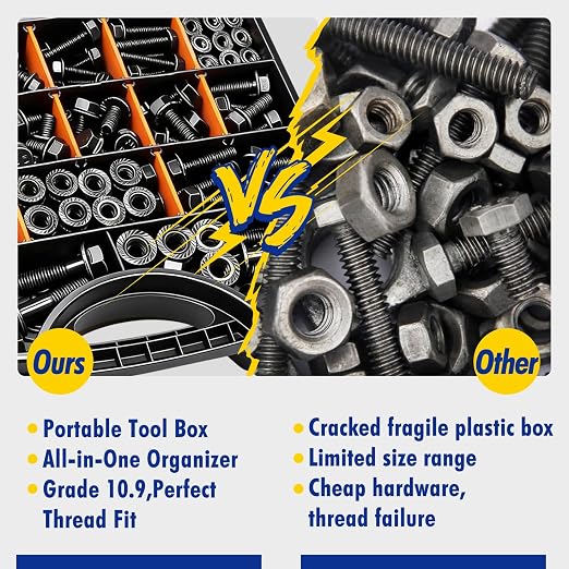 454 pcs Metric Flange Bolt Assortment Kit- Grade 10.9 M12 M10 M8 M6 Nuts and Bolts Assortment Kit, Black zinc Plating Hex Bolts and Nuts Washers,Metric Bolt Assortment for Automotive