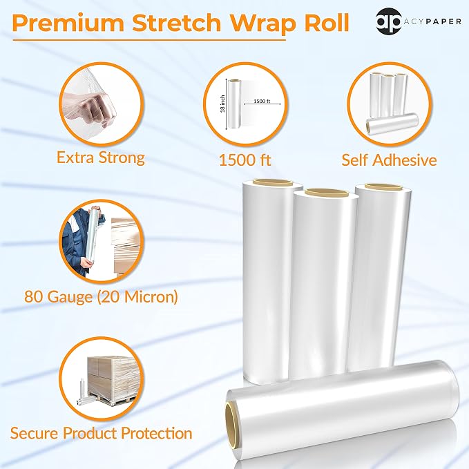 ACYPAPER, 18" Stretch Film/Wrap 1200 feet 80 Gauge Industrial Strength, up to 800% Stretch 20 Microns Clear Cling Durable Adhering Packing Moving Packaging Heavy Duty Shrink Film (4 Rolls/Box)