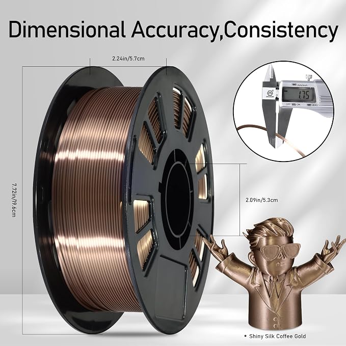Silk Coffee PLA Satin Shiny 3D Printer Filament, 1.75mm Diameter 1kg Spool 2.2lbs for FDM 3D Printers
