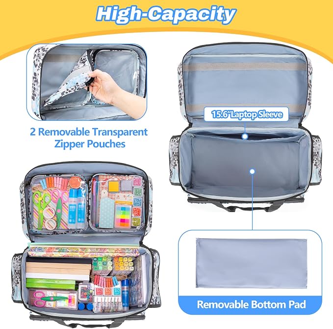 Teamoy Rolling Scrapbook Tote with Detachable Wheels, Rolling Craft Bag with Bottom Wooden Pad, Scrapbook Storage Bag for Women, Dandelion