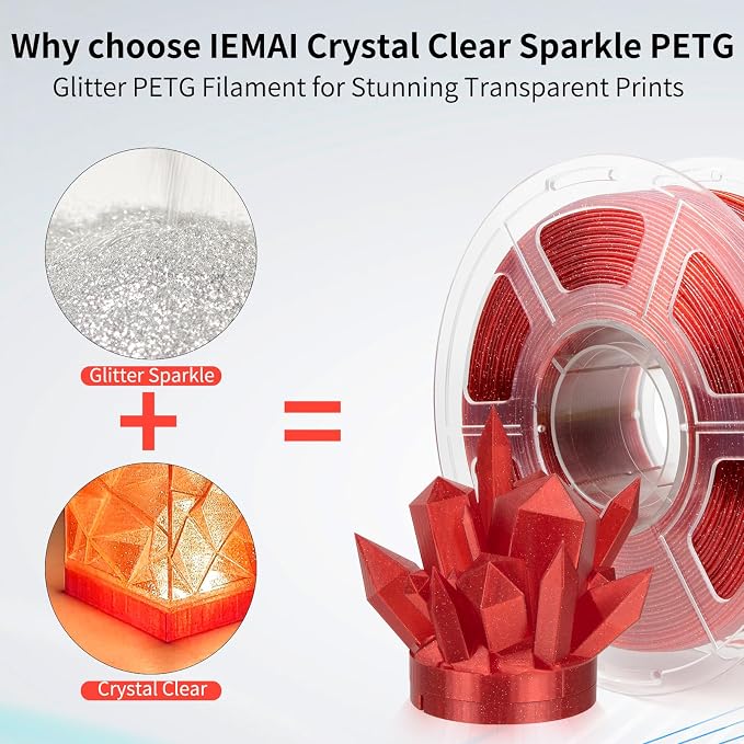 IEMAI Glitter Clear PETG Filament 1.75mm Red 1KG, Sparkly Transparent Finish 3D Printer Filament, Easy to Print for Lampshades, Home Decor & DIY Models