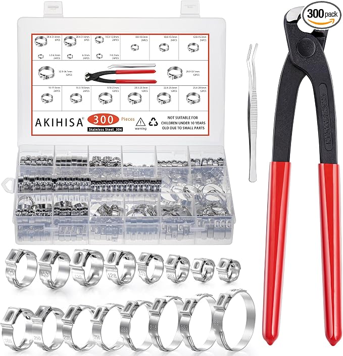 AKIHISA 300pcs 16 Sizes Single Ear Hose Clamps, 5.3-36.1mm Stainless Steel_304 Crimp Hose Clamps Cinch Rings Assortment Kit for Automotive, Pipe, Plumbing