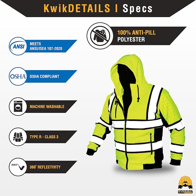 KwikSafety - Charlotte, NC - Men's Fleece Safety Hoodie | PPE Hi Vis Lightweight Reflective Jacket