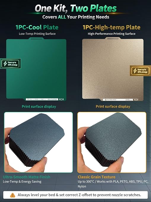 2 Packs Upgraded Cold Plate & Textured PEI Build Plate for Bambulab X2D/X1E/X1C/P2S/P1S/P1P/A1,257x257mm Double Sided Low-Temp Cool Plate + Textured PEI Powder Spring Steel Removable Printed Platform.
