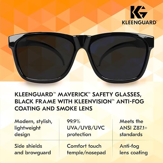 KleenGuard™ V30 Maverick™ Safety Glasses (56569), Smoke Lenses with KleenVision™ Anti-Fog coating, Black Frame, Carrying Case, Unisex Sunglasses for Men and Women