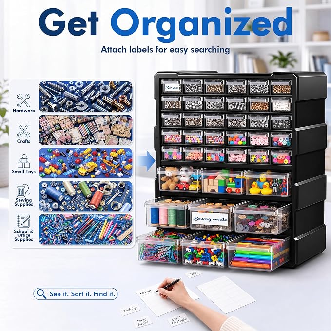 PurKeep Drawer Organizer for Garage Building Bricks Storage,Thicker Craft Organizers Storage with Dividers Labels for Hardware,Screws,Nuts Bolts,Teacher Toolbox,Charms, Beads,Craft