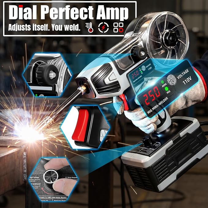 2 in 1 Handheld MIG and Stick Welder:250A Portable Welding Machine 110V Gasless Flux Core Wire Feed w/IGBT Inverter & MMA ARC Welder Gun w/LCD Display, 3.97 lbs for .032"/.040" Wire and 3/32"-1/8" Rod