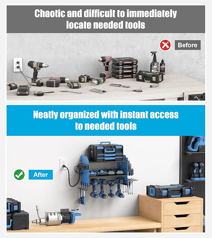 CCCEI Modular Power Tool Organizer Wall Mount with Charging, Blue, 1 Pack | Drill & Battery Storage Rack with Peg Hooks, Garage Workshop, Gifts for Men, Husband, Anniversary, Birthday