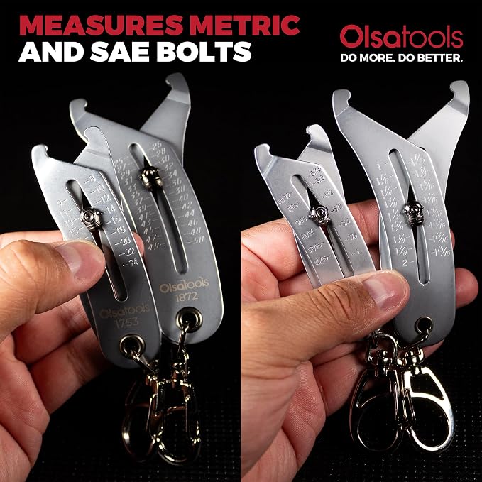 Olsa Tools Bolt Size Finder Keychain Combo 2pc Set Regular and XL - Dual Metric and SAE Bolt and Nut Gauge 8 to 50 mm 5/16 to 2-Inch - Compact Pocket Measuring Tools for Mechanics and DIY - Part 1907