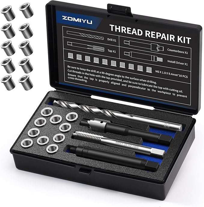 M6 x 1.0 Metric Thread Repair Kit, with HSS Drill Bit, Tap, Counterbore & Installation Driver, M6 x 1.0 Solid 304 Stainless Steel Inserts (10 Pcs, 11.7 mm Length)