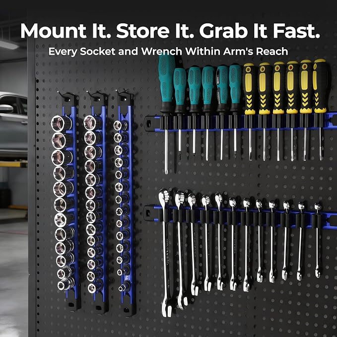 Reniteco 6-Piece Magnetic Socket Organizer and Magnetic Screwdriver Organizer Set, 1/4" 3/8" 1/2" Drive Aluminum Rail & 3-Piece Wrench Screwdriver Holder, Interchangeable Clips, Sockets Not Included