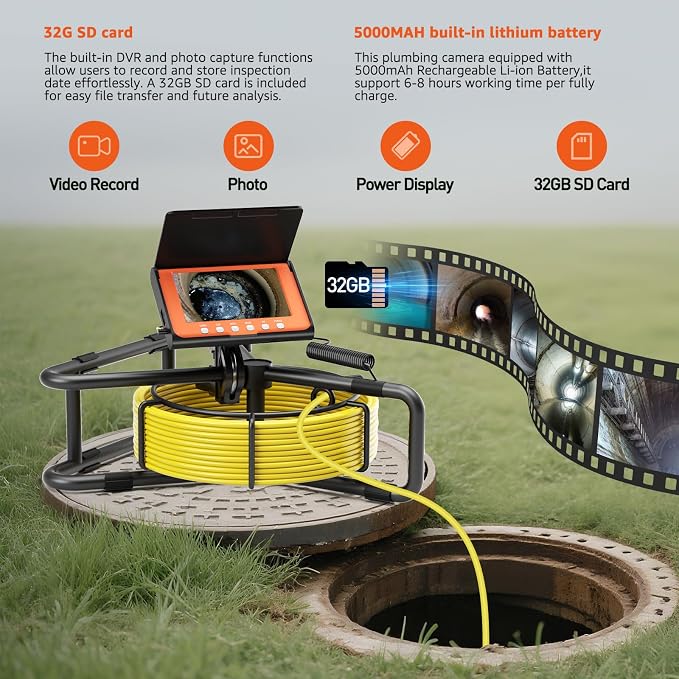 Sewer Camera 100FT, Sewer Pipe Inspection Camera,can Zoom in and Out, 5" 1080P Screen & DVR, 5000mAh Battery, IP68 Waterproof, 6 LED Lights, 32GB Card