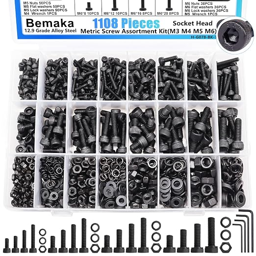 1108PCS Metric Screw Assortment Kit, M3 M4 M5 M6 Metric Bolts and Nuts Kit with with Lock & Flat Washers, 12.9 Grade Alloy Steel Hex Socket Head Cap Screws for 3D Printing