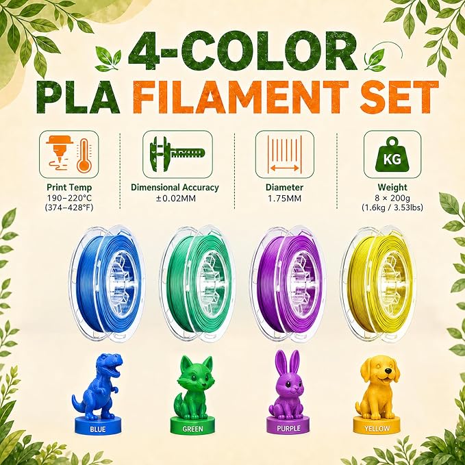 AOSEED PLA Filament Set 1.75mm (±0.02mm), 4-Pack, 200 g (0.44 lb) per Spool | Multi-Color Bundle for Most FDM 3D Printers, Low-Odor, Safety-Tested, Tangle-Free & Moisture-Protected for Home & Classroom