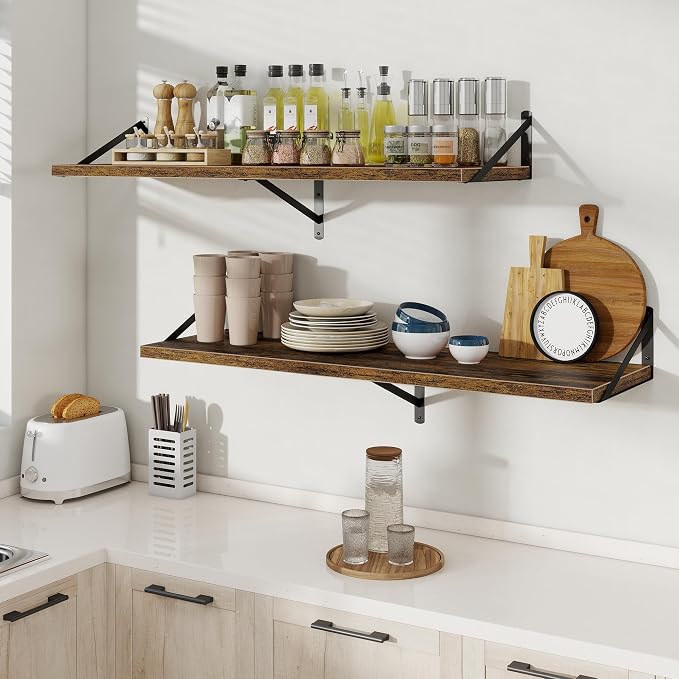 Floating Shelves 12 Inch Deep, 48W x 12D Wall Shelf Set of 2, 70 lbs Heavy Duty Reversible Metal Brackets, Industrial Book Shelf for Living Room Kitchen Bath Bedroom Coffee Bar, Rustic Brown