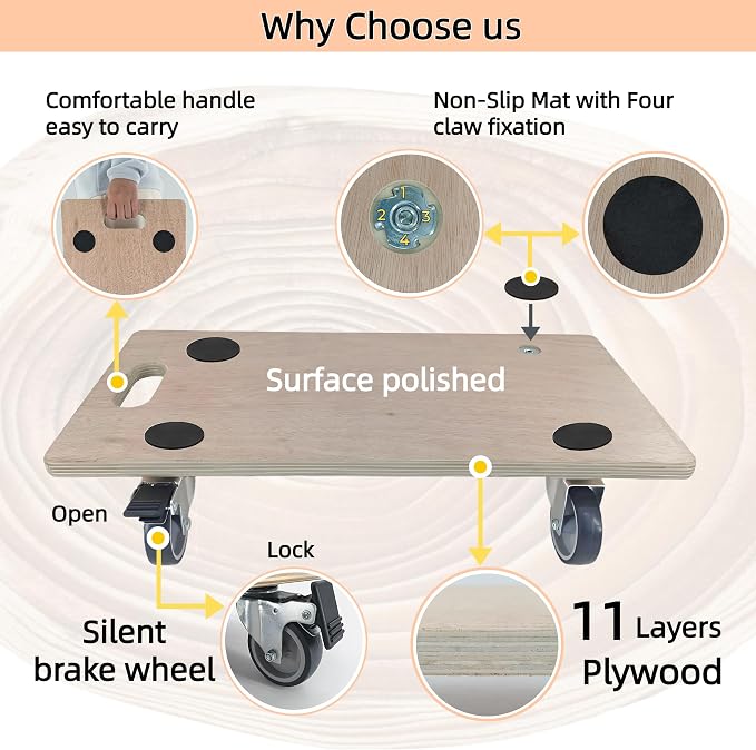 Furniture Dolly 4 Wheels, Furniture Movers, 2 Packs 2200 lb Load Capacity Heavy Duty Real Wood Dolly, Multifunctional Moving cart with 4 Soft Rubber Silent Wheels （2 with Brake+ 2 Without）