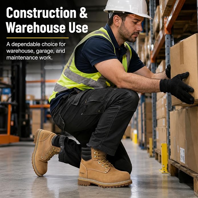 Men's 6" Leather Steel Toe Work Boots for Men, Oil/Slip Resistant Rubber Sole, Men's Safety Construction Boots. 84710
