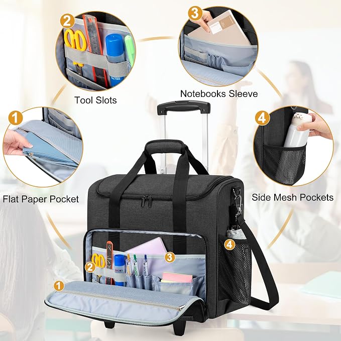 Trunab Rolling Teacher Bag, Teacher Tote Bag with Bottom Pad and Detachable Trolley, Wheeled Teacher Bag with Padded Sleeves Holds up to 15.6” Laptop