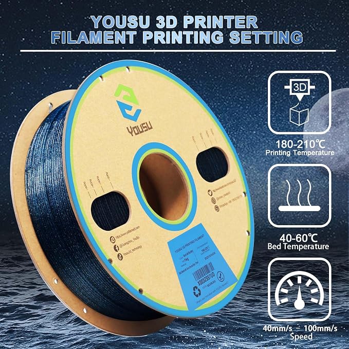 YOUSU 3D Printer Filament, Glow in The Dark PLA Filament 1.75mm, Black Filament with Glow in The Dark Blue Starry Sky 1kg(2.2lbs)