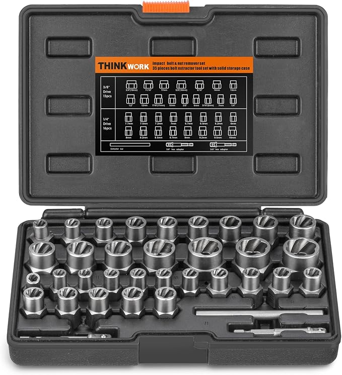 THINKWORK Bolt Extractor Kit, 35-Piece Nut Extractor Socket Set, 1/4" & 3/8" Drive Rounded Bolt Remover for Damaged, Rusted, Rounded-Off, Stripped Fasteners
