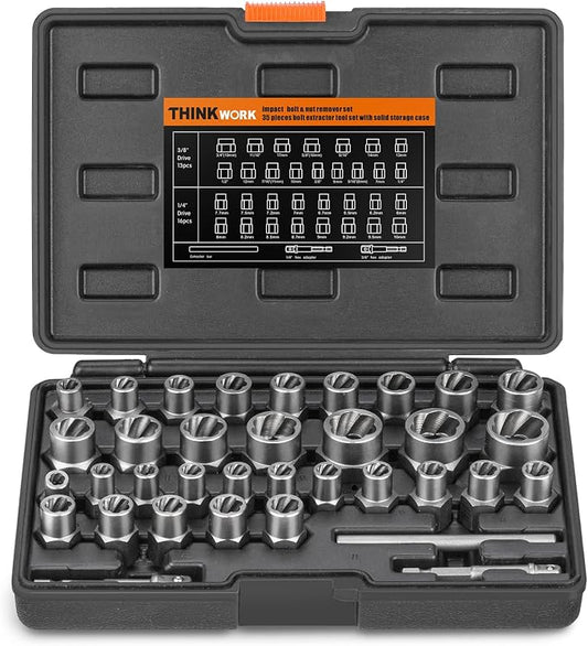 THINKWORK Bolt Extractor Kit, 35-Piece Nut Extractor Socket Set, 1/4" & 3/8" Drive Rounded Bolt Remover for Damaged, Rusted, Rounded-Off, Stripped Fasteners