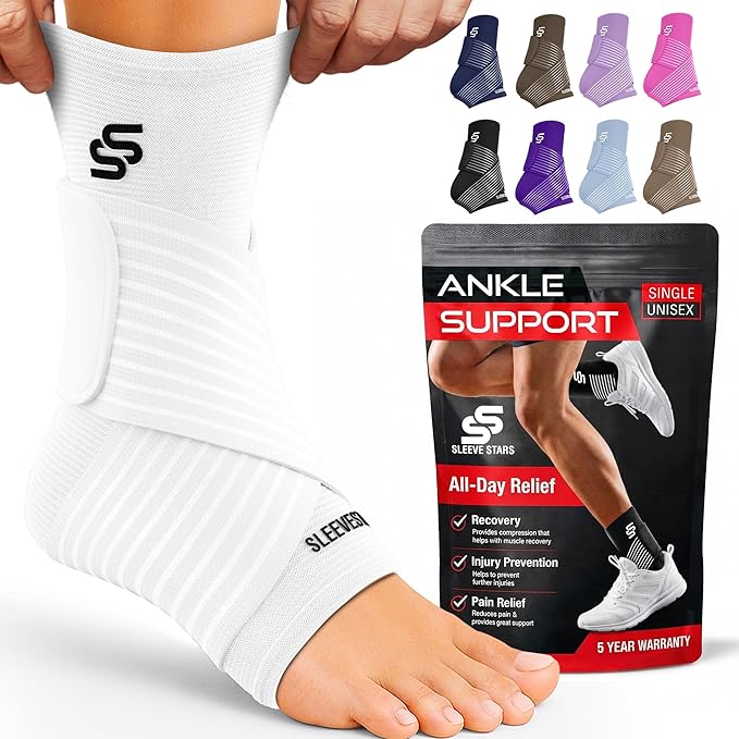 Sleeve Stars Ankle Brace for Women & Men, Ankle Wrap for Sprained Ankle, Compression Sleeve for Plantar Fasciitis Relief, Easy Customizable Support: w/Removable Strap (Single/L:12"-13"/White)