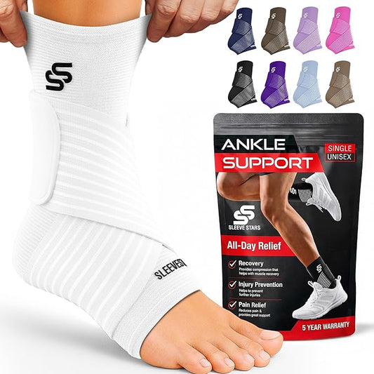 Sleeve Stars Ankle Brace for Women & Men, Ankle Wrap for Sprained Ankle, Compression Sleeve for Plantar Fasciitis Relief, Easy Customizable Support: w/Removable Strap (Single/L:12"-13"/White)