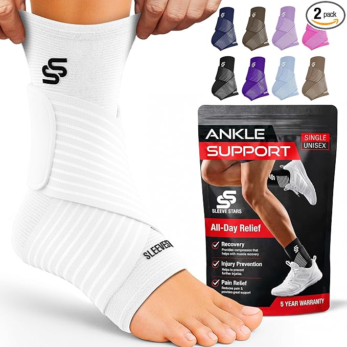Sleeve Stars Ankle Brace for Women & Men, Ankle Wrap for Sprain, Compression Sleeve for Plantar Fasciitis Relief, Easy Customizable Support: w/ Removable Strap (Pair/M:10"-12"/White)