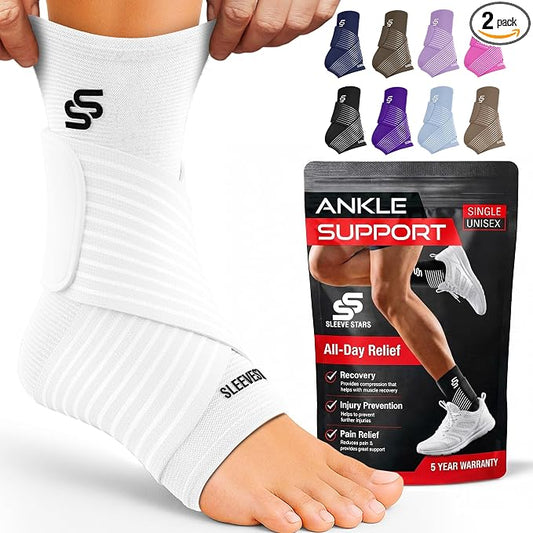 Sleeve Stars Ankle Brace for Women & Men, Ankle Wrap for Sprain, Compression Sleeve for Plantar Fasciitis Relief, Easy Customizable Support: w/ Removable Strap (Pair/M:10"-12"/White)