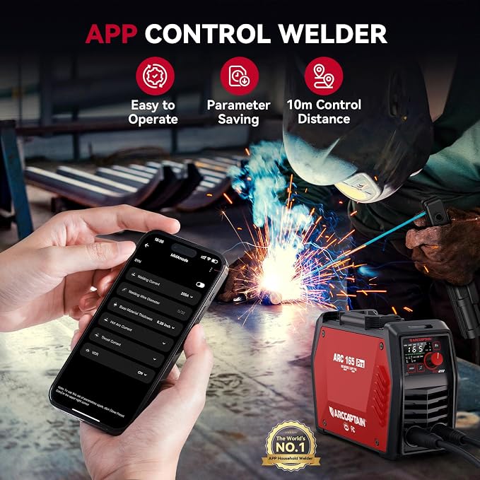 ARCCAPTAIN iControl ARC165 Pro Stick Welder, [APP Control] 165Amp ARC/Lift TIG Welding Machine, Large LED Display, IGBT Inverter 120V/240V MMA Welder with Hot Start, Arc force, and Anti-Stick