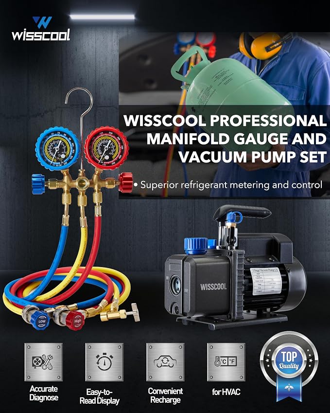 Wisscool 3.5CFM AC Vacuum Pump and 3 Way Gauge Set, 110V 1/4 hp HVAC Air Vacuum Pump Manifold Gauge Kit with 3 Hoses Adapters Accessories Carry Bag for R134a R12 R22 R502 Refrigeration Auto Systems