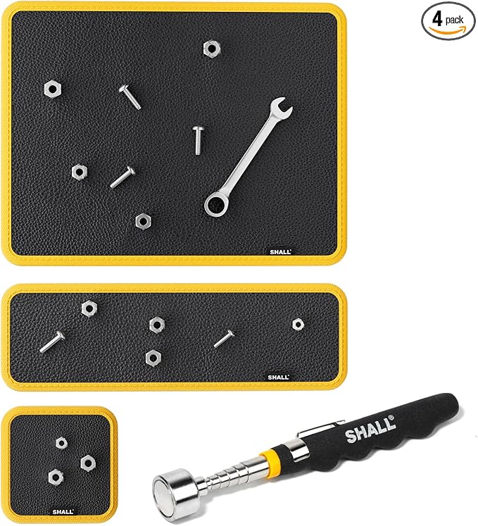 SHALL 3-Piece Magnetic Tool Parts Mat and Telescoping Magnetic Pickup Tool, Flexible Magnetic Tool Holder Pad W/ 83 Built-In-Magnets & 25LBS Pull Force Extendable Magnet for Mechanic Wrench Screw Bolt