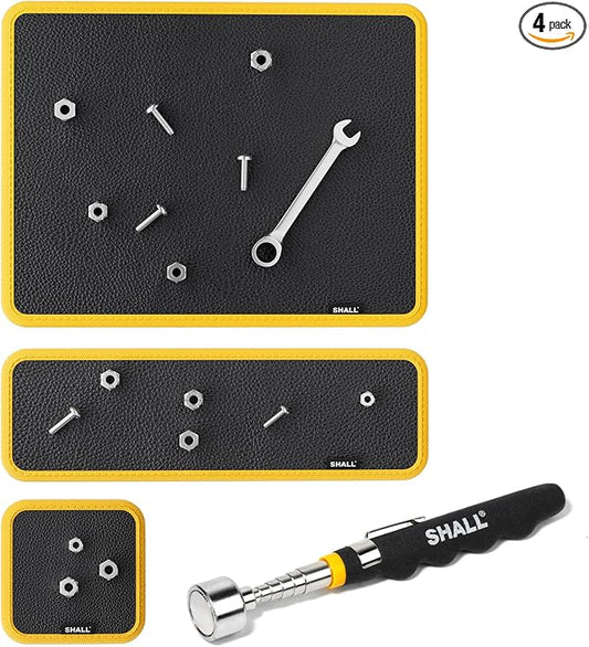 SHALL 3-Piece Magnetic Tool Parts Mat and Telescoping Magnetic Pickup Tool, Flexible Magnetic Tool Holder Pad W/ 83 Built-In-Magnets & 25LBS Pull Force Extendable Magnet for Mechanic Wrench Screw Bolt