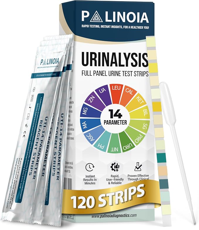 14-in-1 Full Panel Urine Test Strips for Urinalysis | 120 Strips in Resealable Pouches – Test for Kidney Health, Liver Function, UTI, Ketosis, Hydration, and Protein Levels