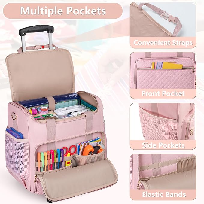 LUXJA Rolling Craft Bag with Pockets for 12 x 12 inch Scrapbook Album and Laptop, Rolling Scrapbook Tote with Detachable Dolly (Patent Pending), Pink