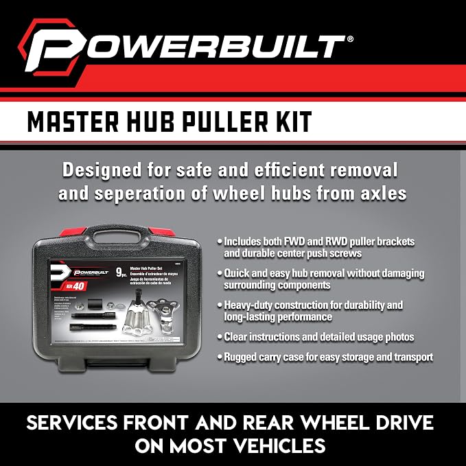 Powerbuilt Master Hub Puller Tool Set, Remove and Install Car Wheel Hubs and Axels, Ford and Mercury, Front-Wheel or Rear-Wheel Vehicles - 648608