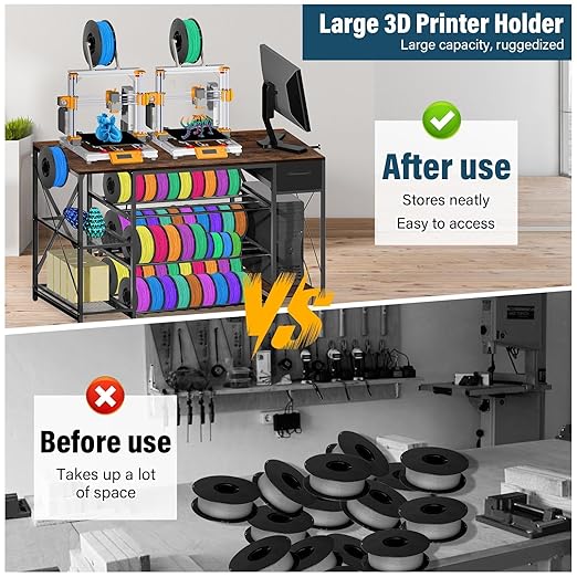 Upgrade Heavy Duty 3D Printer Table with Storage, Large 4-Tier 3D Printer Stand with Power Outlet & Drawer, Sturdy Wooden Desk & Metal Filament Rack for Workshop, Home Office(Brown)