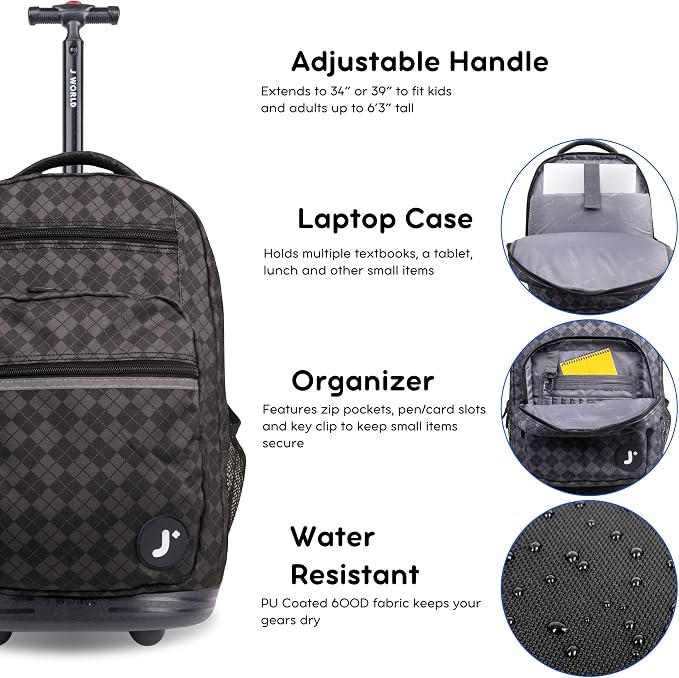 J World Sundance Laptop Rolling Backpack for Girls Boys. Roller Bookbag with Wheels, 20 Inch, Argyle Black