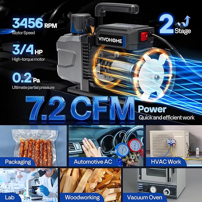 VIVOHOME 3/4 HP 7.2 CFM 2 Stage A2L HVAC Vacuum Pump, Sparkless Motor for R32 R1234yf R454B R134a R22 R410a Systems, Auto AC Vacuum Pump for Air Conditioner Resin Degassing with Oil Bottle