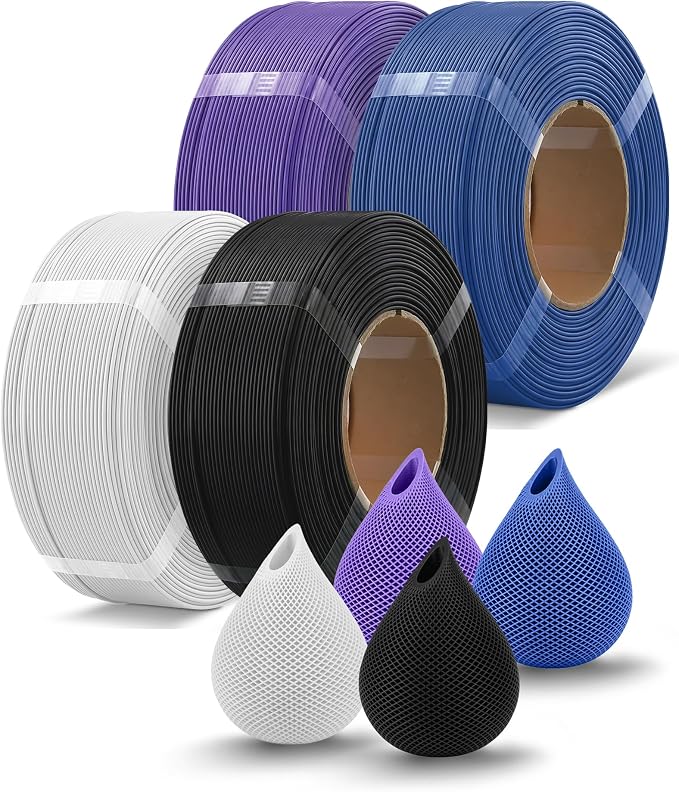 OVERTURE 4KG Bundle High Speed PLA Filament Refill 1.75mm 3D Printer Filament, 4 Pack 1kg (2.2lb) Refilament for Bambu Lab Reusable Spool, Fit Most FDM 3D Printers (Black+White+Blue+Purple)