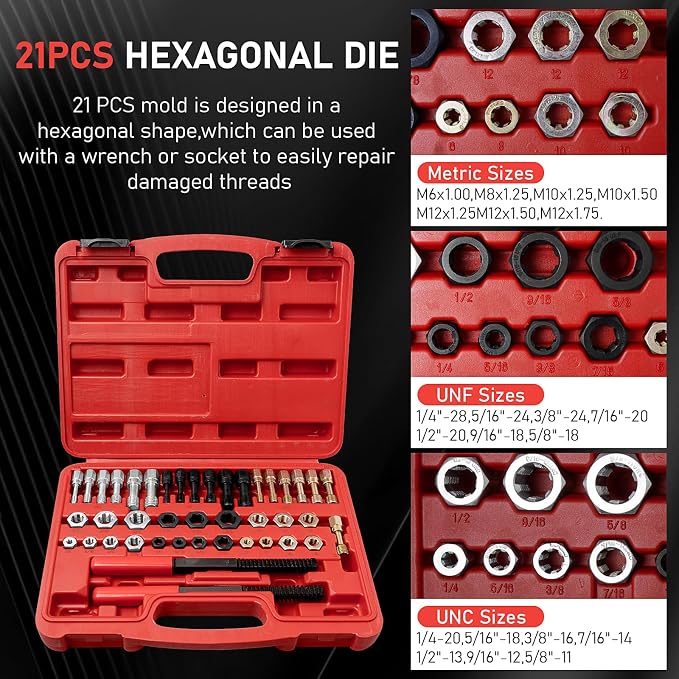42 Pcs Thread Chaser Set, UNC/UNF/Metric Rethreading Kit | Includes Taps, Dies, 2 Thread Files and Storage Case for Thread Repair, Rust Removal, UNC UNF and Metric Maintenance